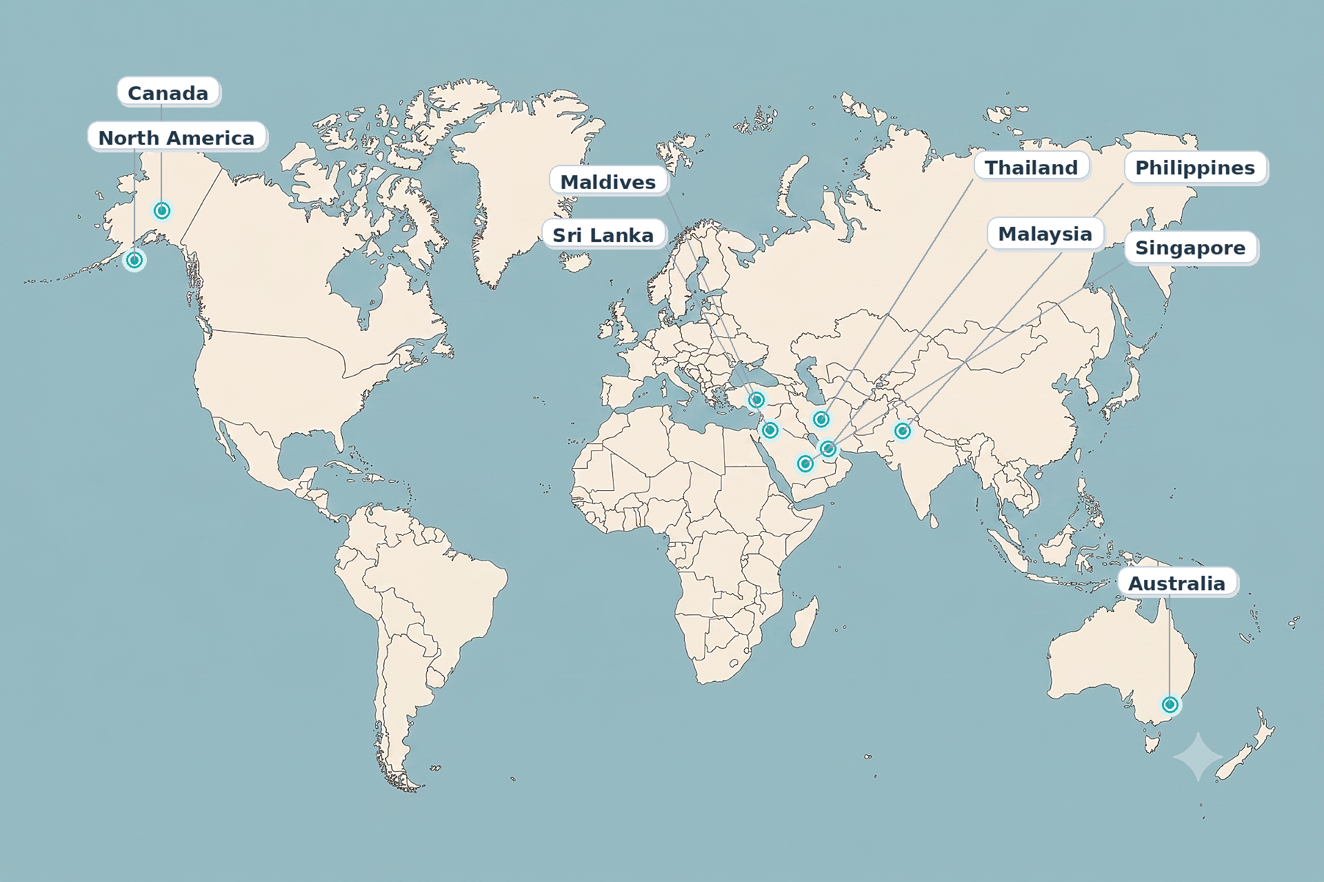 World map highlighting Canada, North America, Sri Lanka, Maldives, Malaysia, Singapore, Thailand, the Philippines and Australia